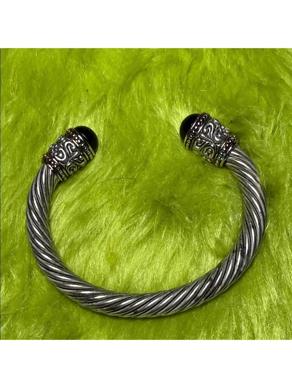 Twisted Cable Cuff Bracelet – Silver Tone with Black End Caps - Picture 1 of 5